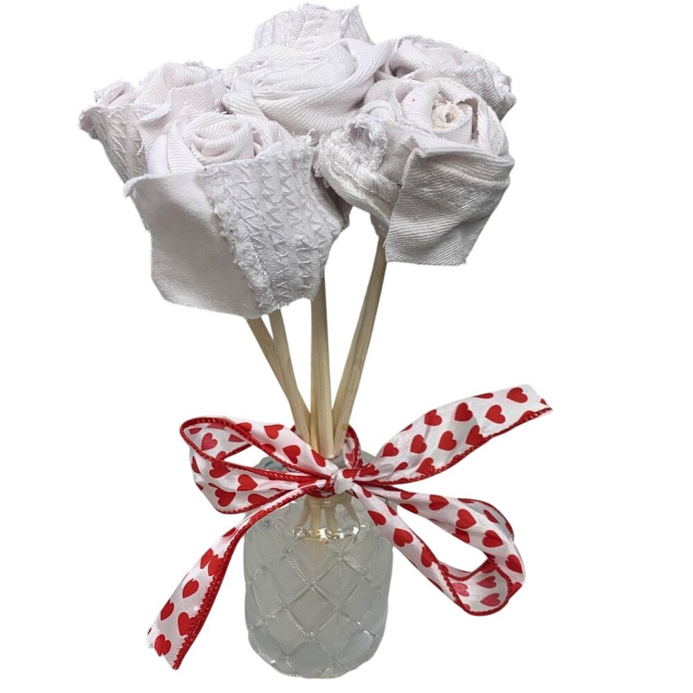 Handmade Upcycled White Denim Valentine's Day Gift 6 Rose Bouquet in Glass Vase